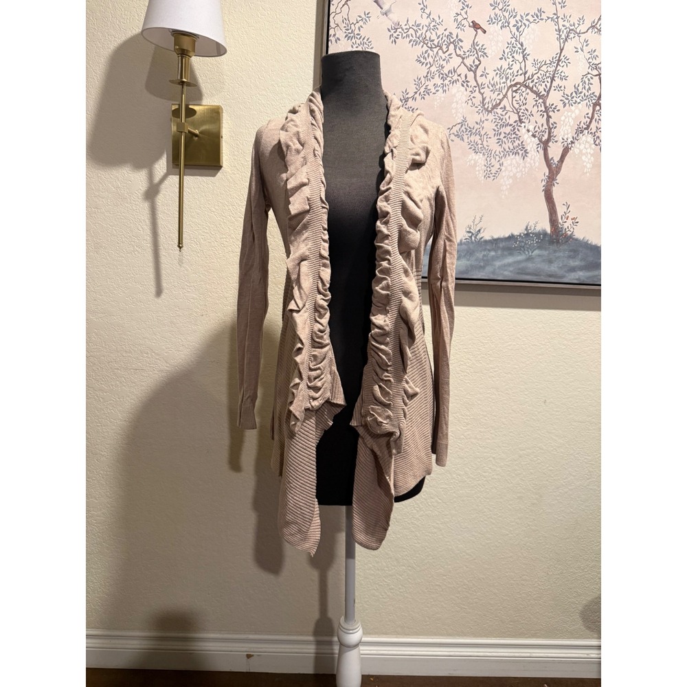 INC International Concepts Tan Ruffle Open Front Ribbed Cardigan SweaterM